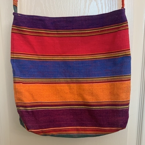 Boho Canvas Woven Colorful Global Striped Shoulder Tote - Picture 3 of 5